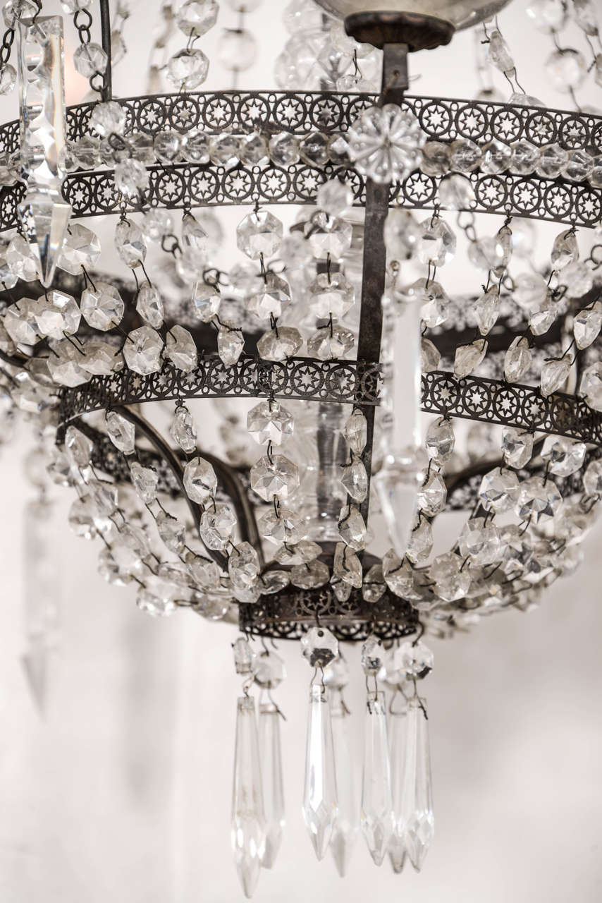 19th Century Pierced Tole Italian Chandelier Decorated in Crystal and Glass Prisms For Sale