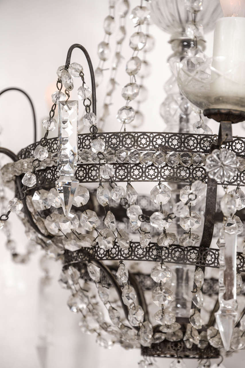 Pierced Tole Italian Chandelier Decorated in Crystal and Glass Prisms For Sale 1