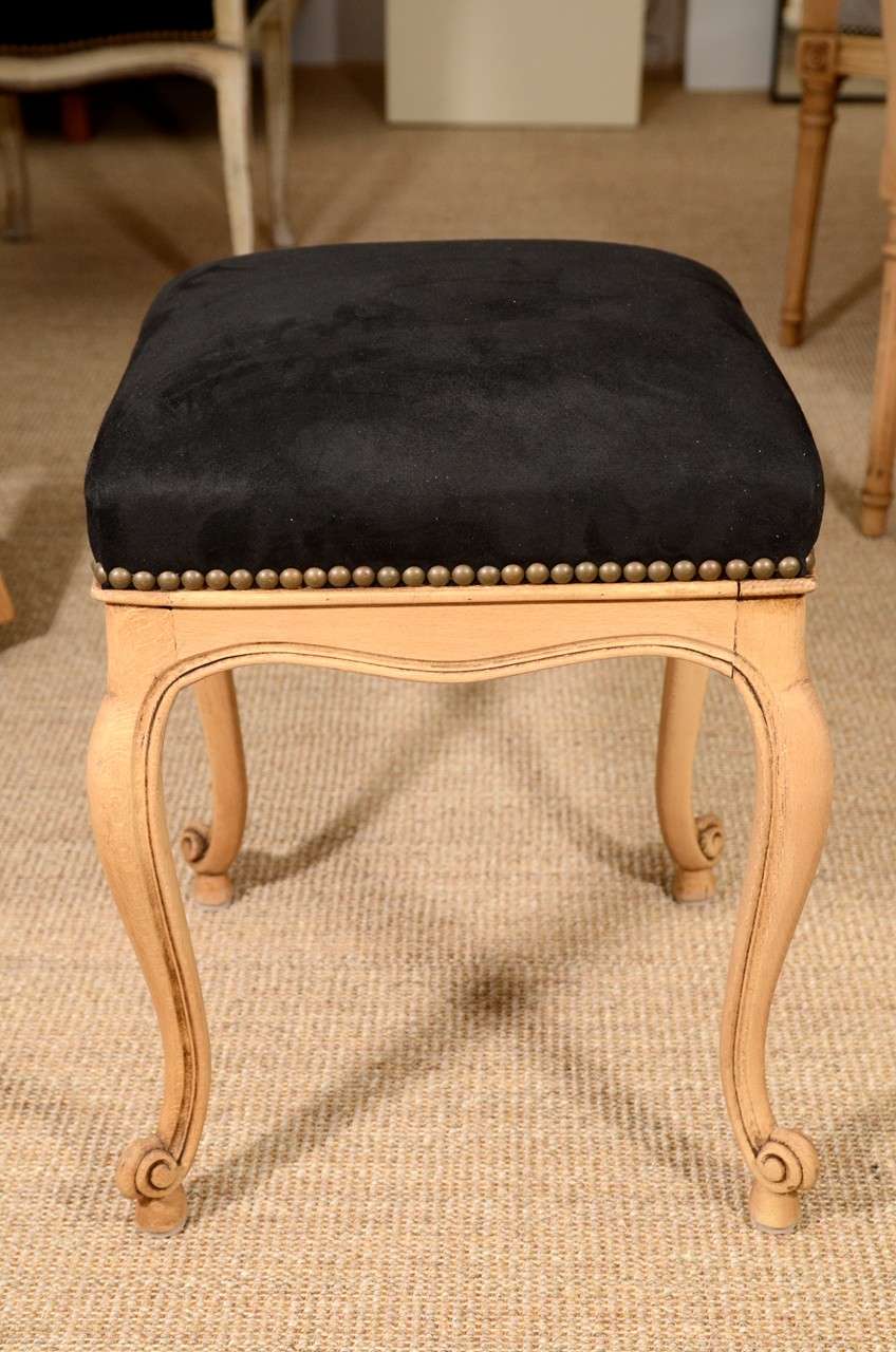 French Tabouret Upholstered in Black Suede
