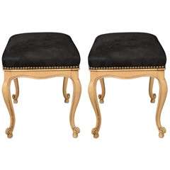 French Tabouret Upholstered in Black Suede