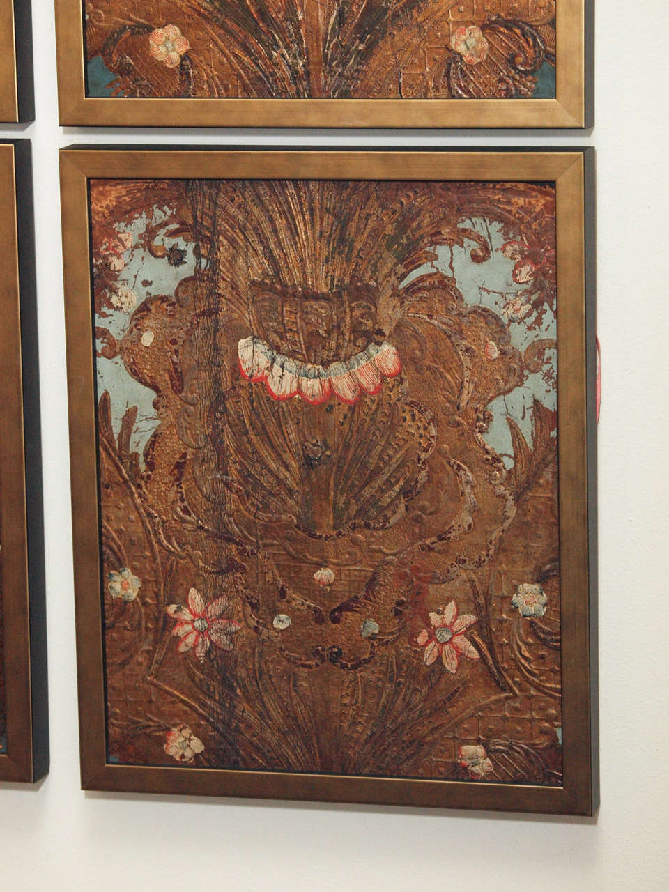 Spanish A Set of Four 18c. Embossed Polychrome Leather Panels