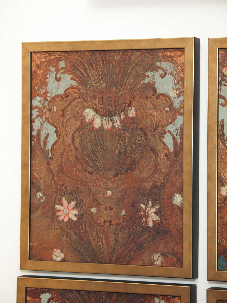 A Set of Four 18c. Embossed Polychrome Leather Panels In Good Condition In New Orleans, LA