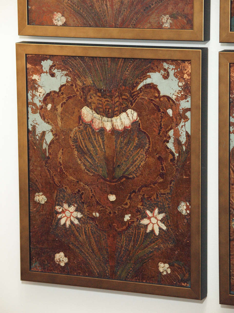 18th Century and Earlier A Set of Four 18c. Embossed Polychrome Leather Panels