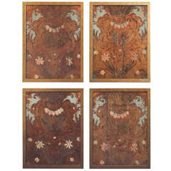 A Set of Four 18c. Embossed Polychrome Leather Panels