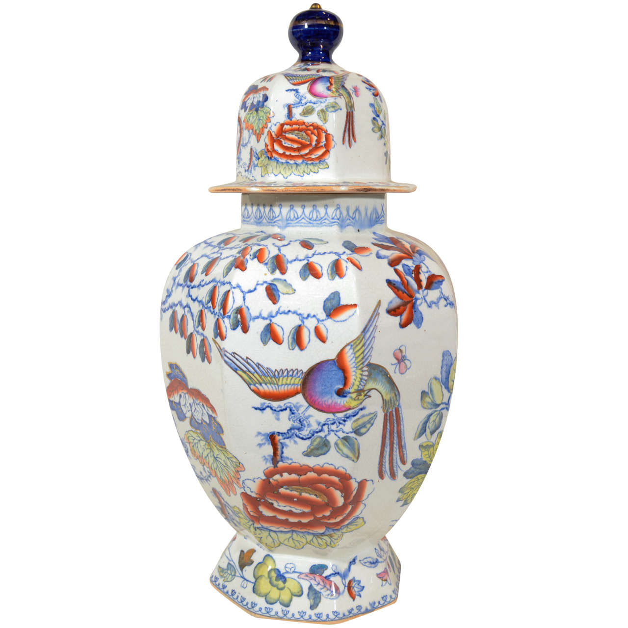 Large Mason's Ironstone Covered Vase Painted in the "Flying Bird" Pattern