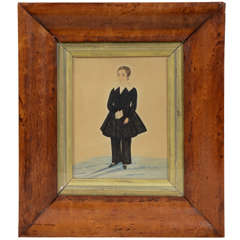 Antique Watercolor Portrait of a Young Boy Holding a  Book