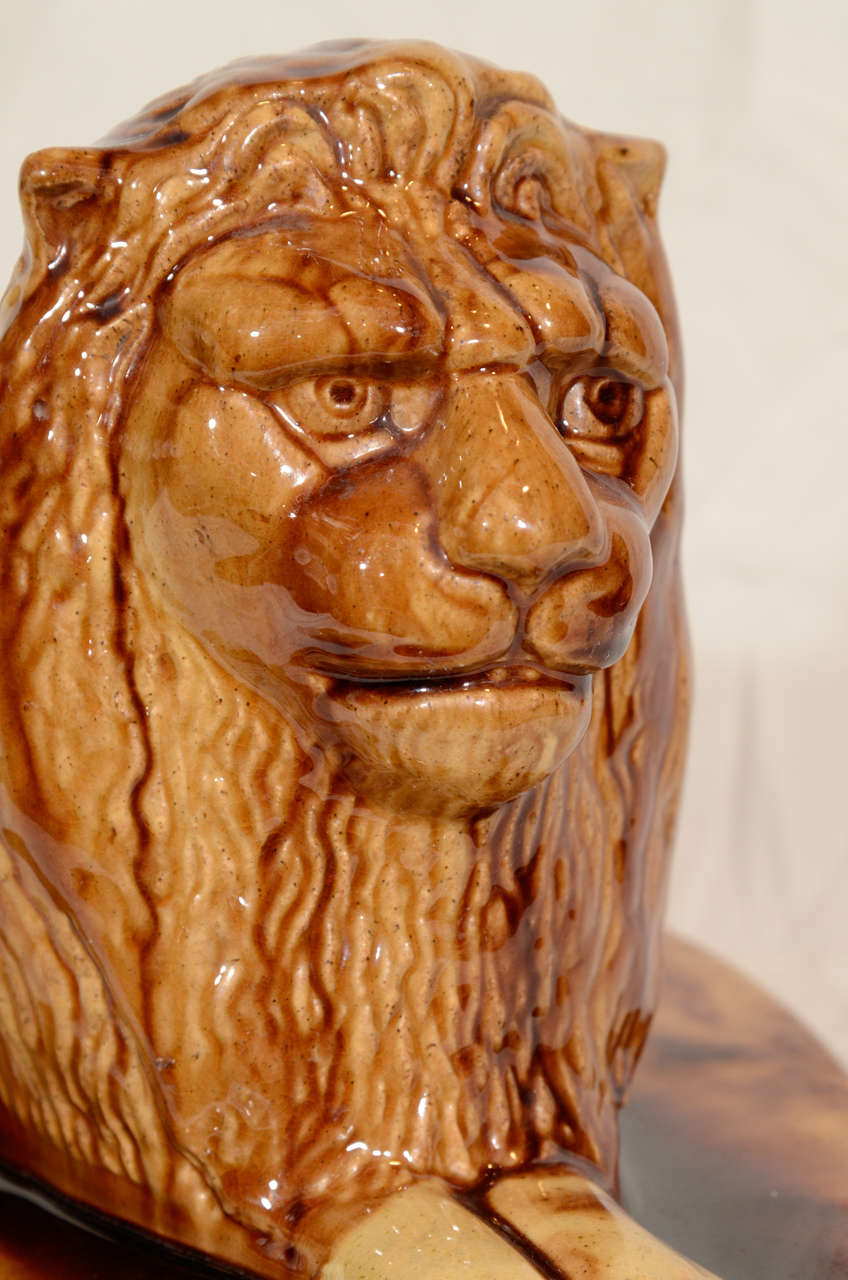 High Victorian Stately 19th Century American Yellowware Pottery Lion