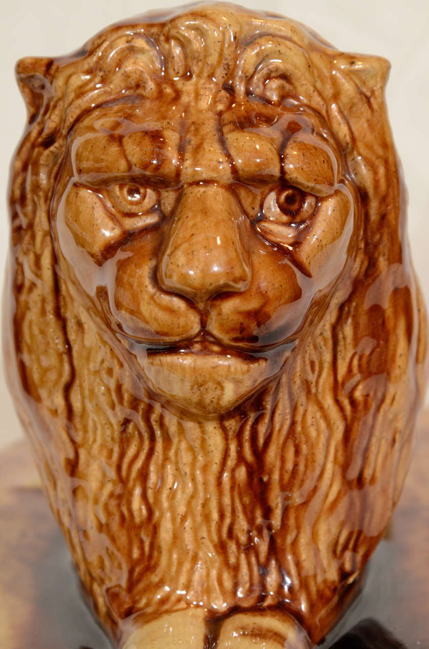 Stately 19th Century American Yellowware Pottery Lion 3