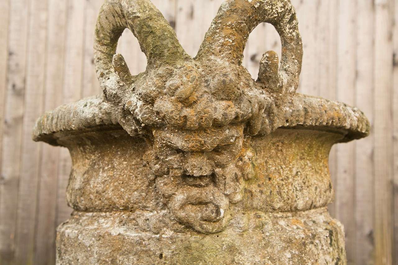 French Set of Four Cement Urns with Ram Heads