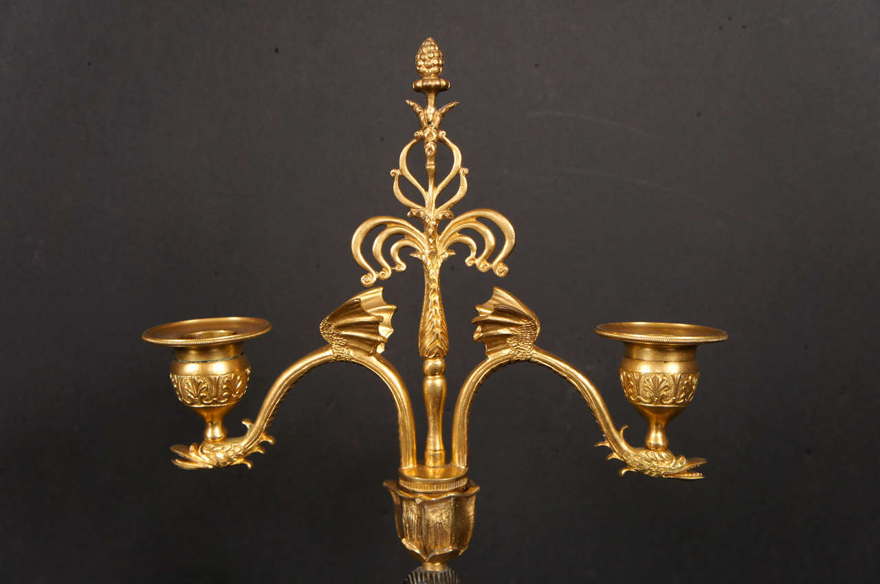 Empire 19th Century Pair of Gilded & Patinated Bronze Two Light Candelabra For Sale