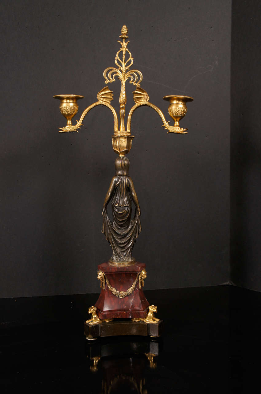 Gilt 19th Century Pair of Gilded & Patinated Bronze Two Light Candelabra For Sale