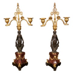 19th Century Pair of Gilded & Patinated Bronze Two Light Candelabra