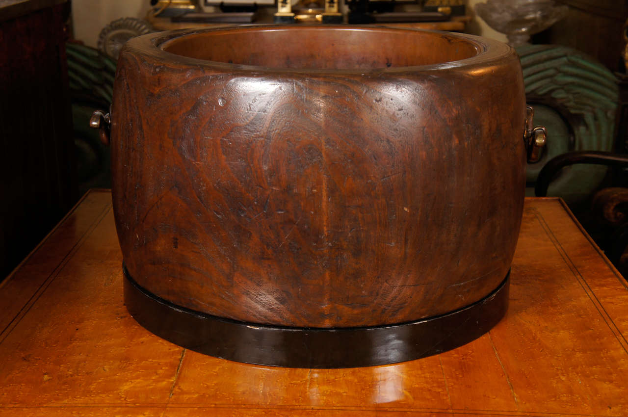 This large hibachi made from one single piece of  Japanese Matsu wood turned out and lined with a copper basin was used in its first life as a heating brazier in a home but now would make a great planter or as a large decorative bowl. The handles
