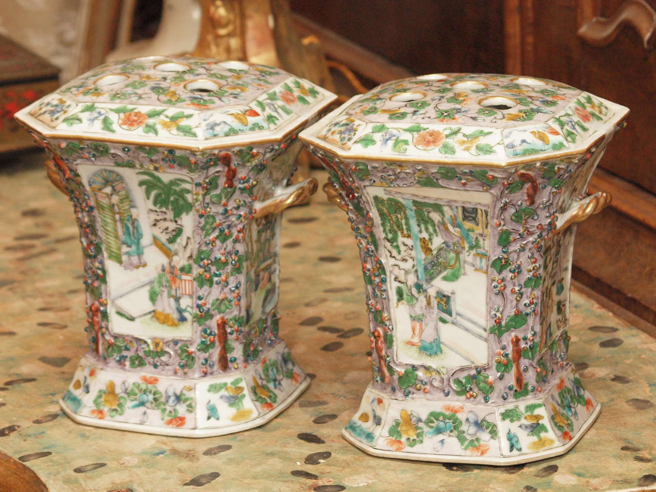 Pair of 18th c. Chinese Famille Vert Bough Pots with handles and lids 