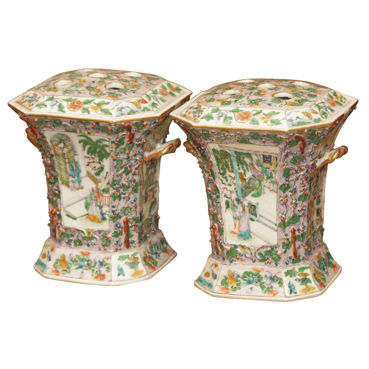 Pair of 18th Century Chinese Export Famille Vert Bough Pots For Sale