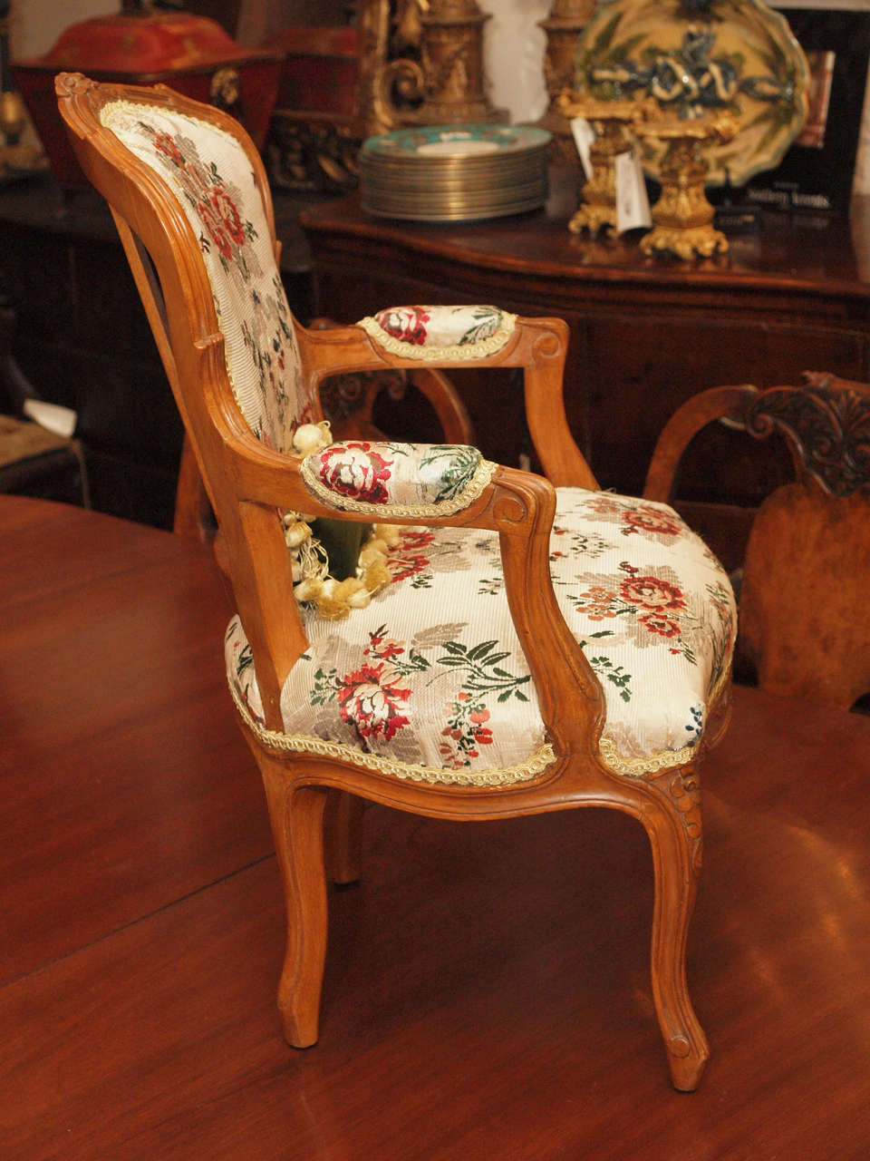 French 18th c .Louis XV Walnut Fauteuil with 18th c. Lyonaise Silk covering 