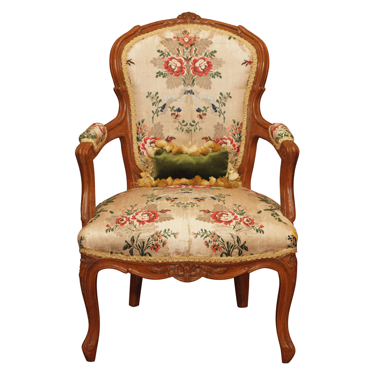 18th c French Louis XV Childs Fauteuil with 18th c. silk For Sale