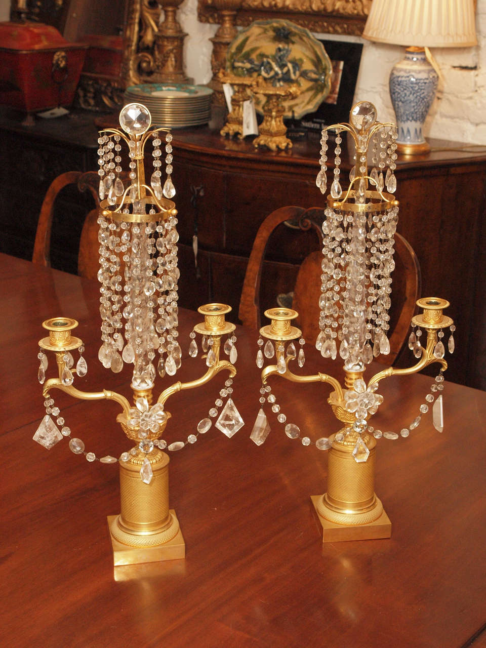 Pair of Charles X Engine Turned Girondoles with Rock Crystal Dressing
