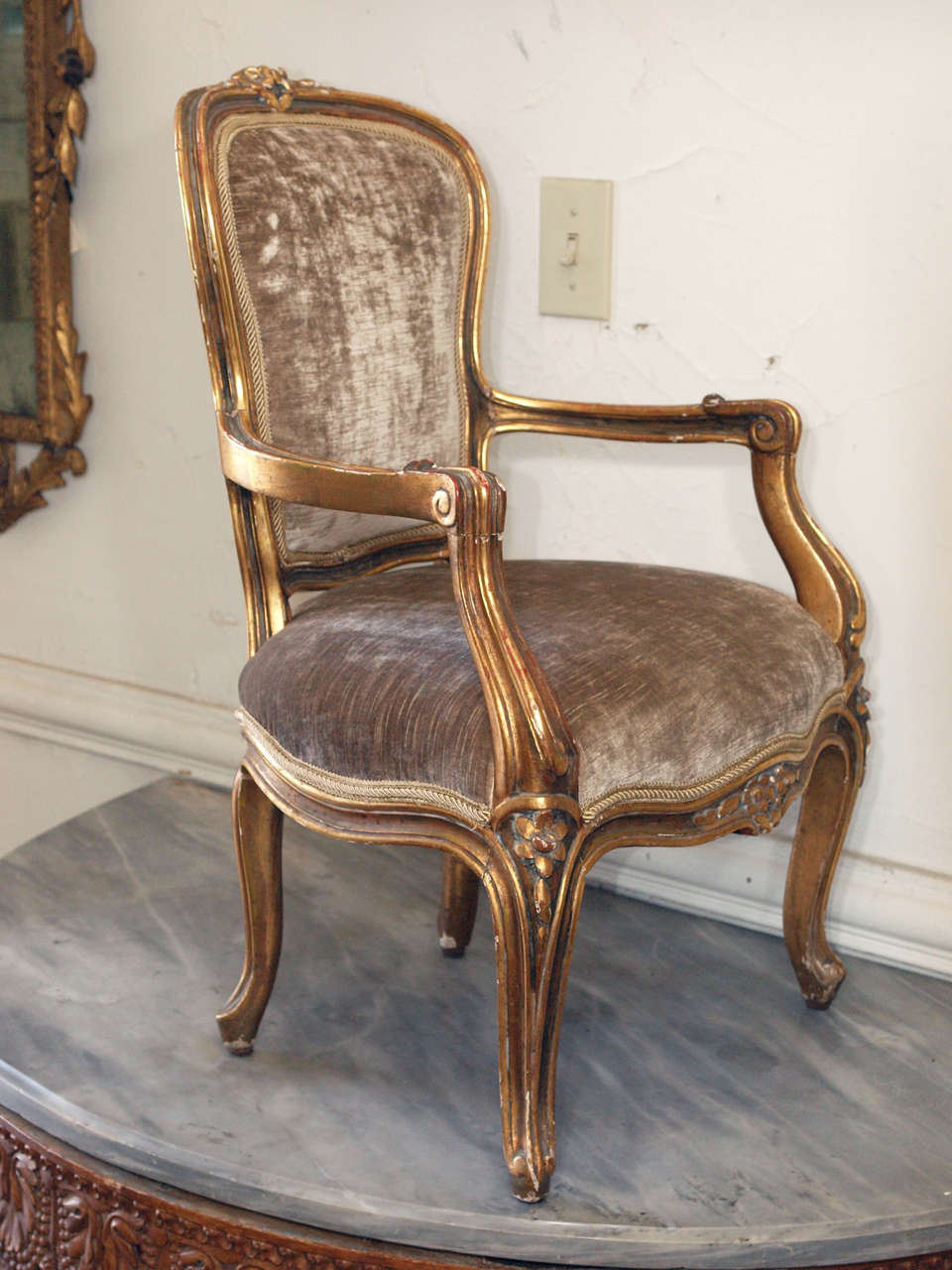 French Louis XV style 19th c. Gliltwood Childs Fauteiul in velvet