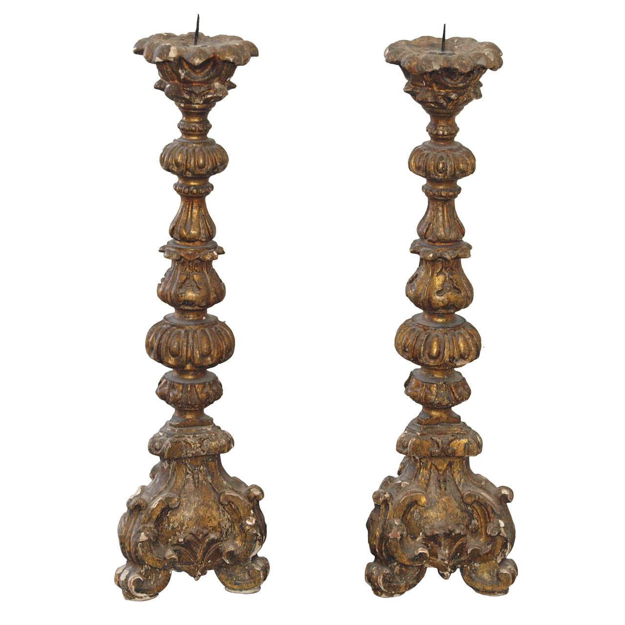Small Pair of 18th c. Italian Gilt wood Altar Candlesticks at 1stDibs