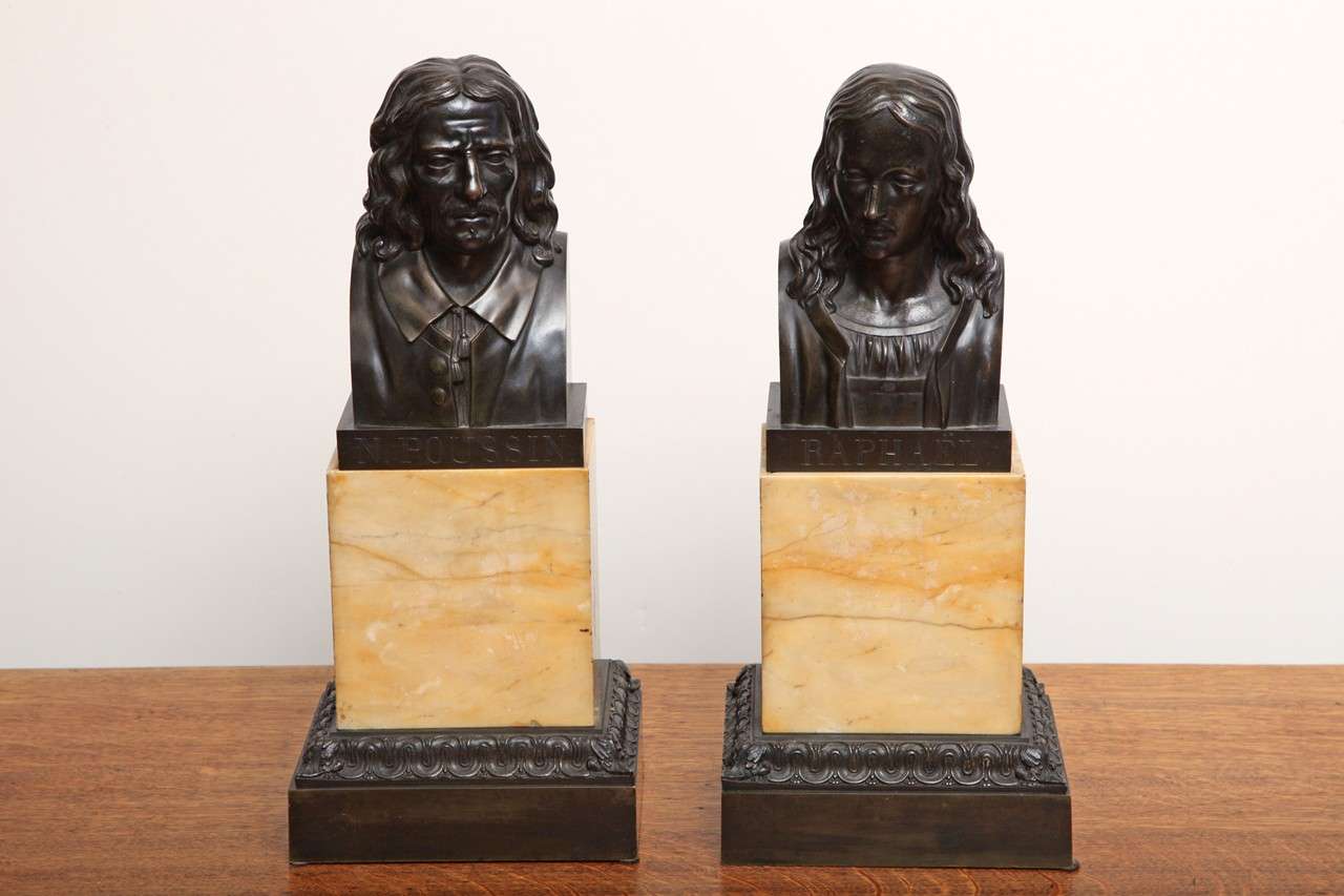 Two 19th Century French Bronze Busts of Raphael and Pousin on Sienna Marble Plinths and Bronze Bases