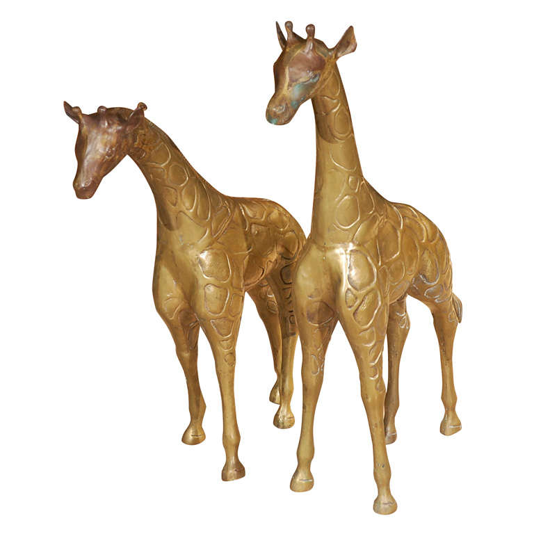 Two Large Brass Giraffes Sculptures