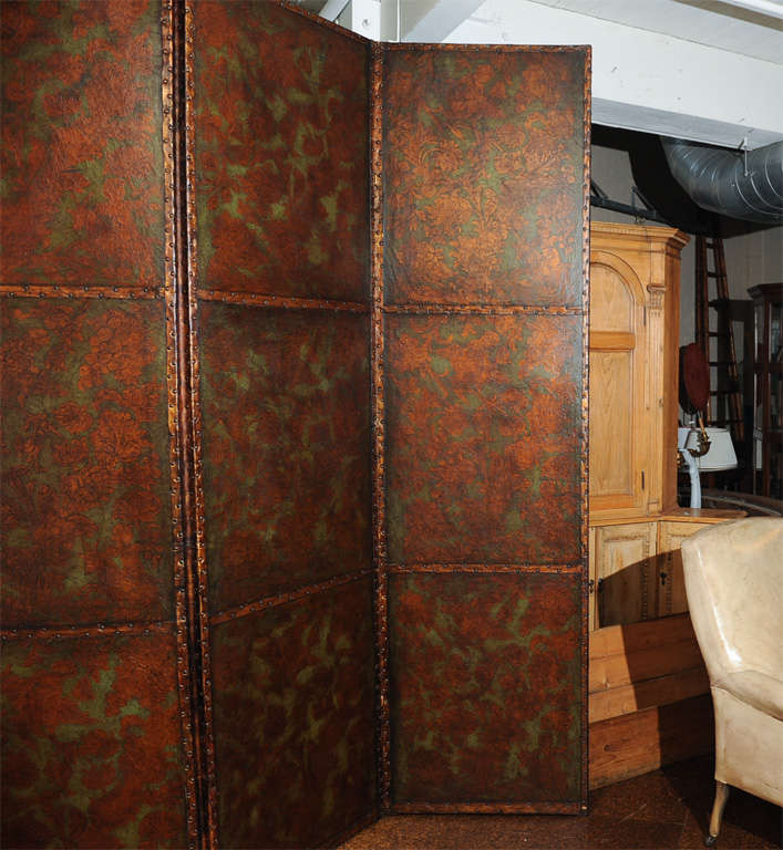Four Panel Painted Leather Screen, English circa 1860