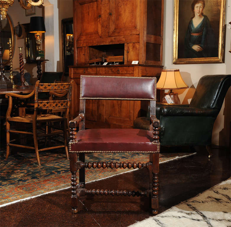 French Bobbin Turned Walnut Armchair with Red Leather Upholstery For Sale