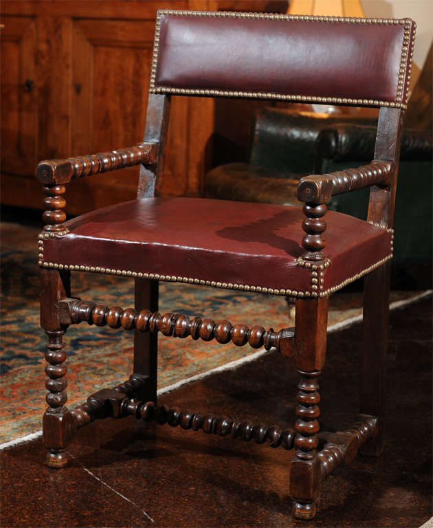 19th Century Bobbin Turned Walnut Armchair with Red Leather Upholstery For Sale