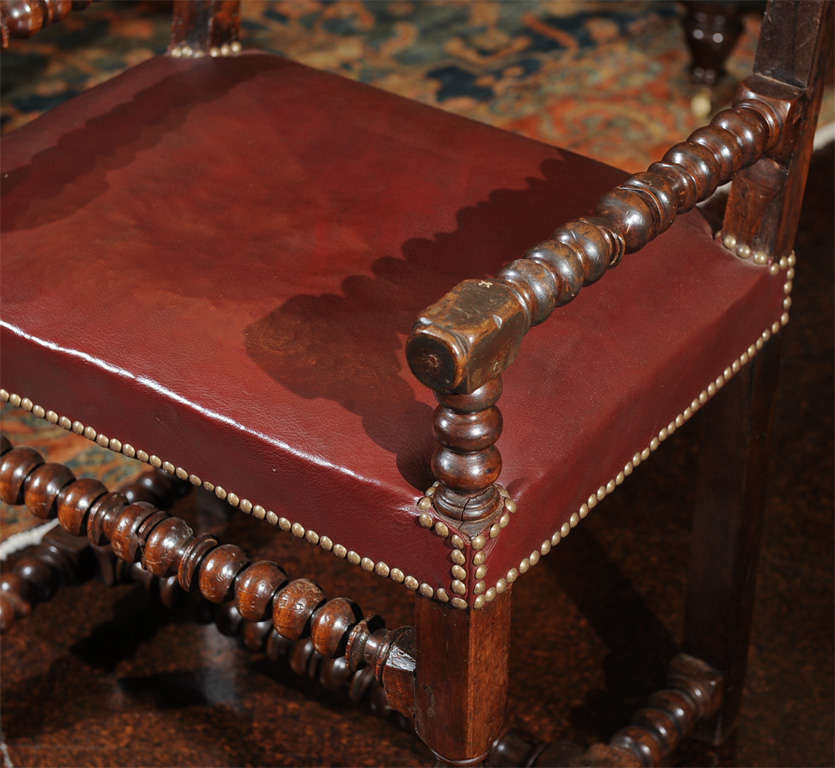 Bobbin Turned Walnut Armchair with Red Leather Upholstery For Sale 1
