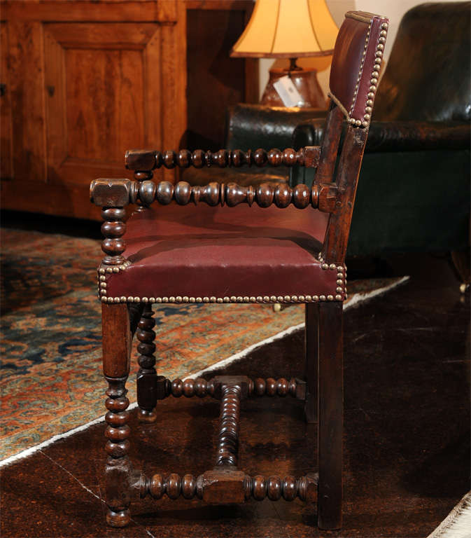 Bobbin Turned Walnut Armchair with Red Leather Upholstery For Sale 2