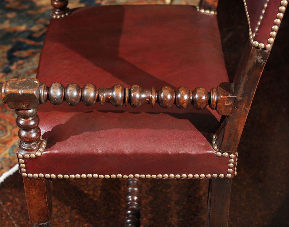 Bobbin Turned Walnut Armchair with Red Leather Upholstery For Sale 3