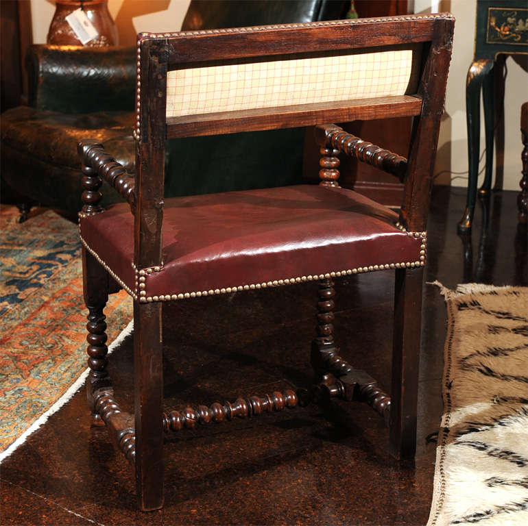 Bobbin Turned Walnut Armchair with Red Leather Upholstery For Sale 4