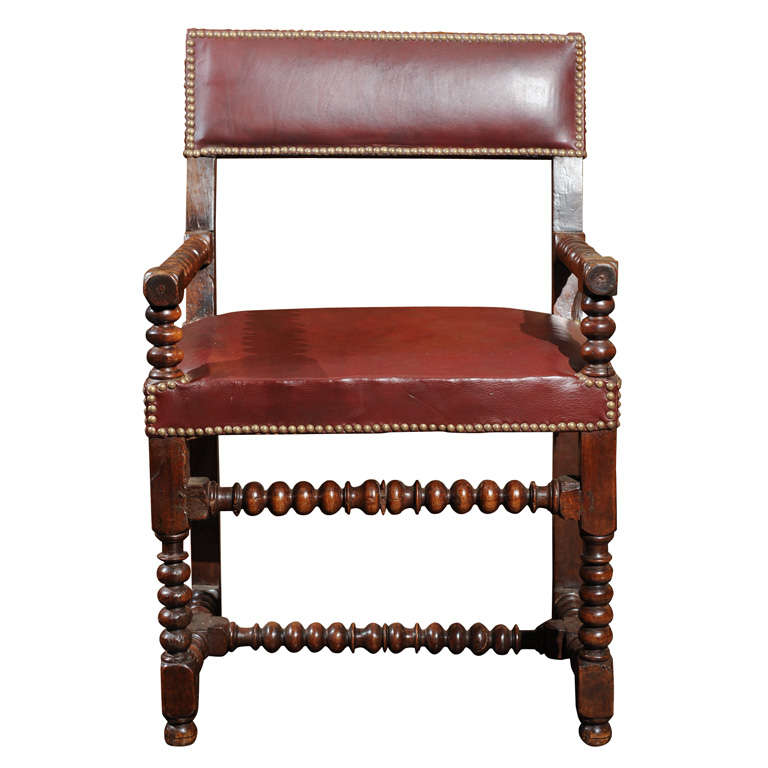 Bobbin Turned Walnut Armchair with Red Leather Upholstery For Sale