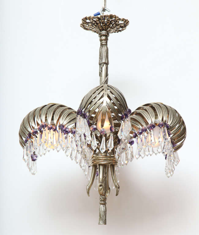 Small and elegant chandelier, original silver plated bronze with amethyst and clear crystal  pendants.