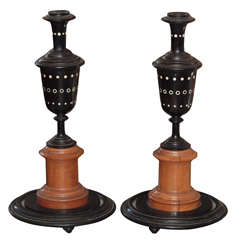 Pair of Finely Turned Ebony Urns with Ivory Inlay