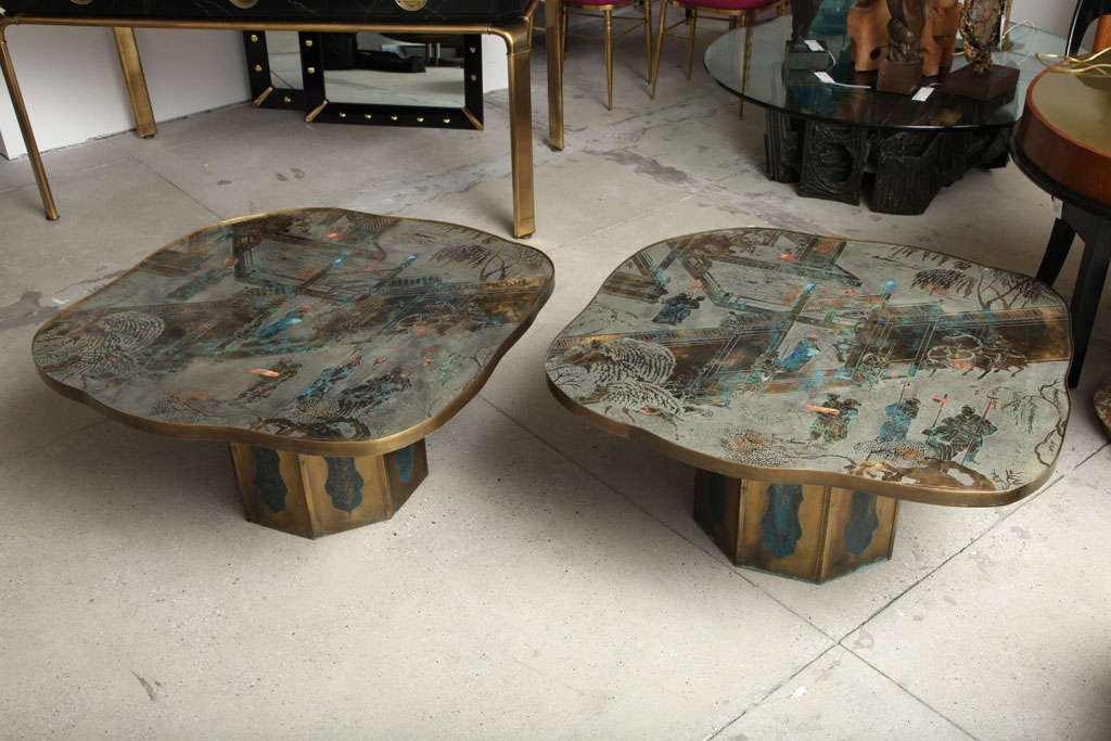 Rare pair of Philip and Kelvin Laverne Amoeba coffee tables with polychrome and acid etched 