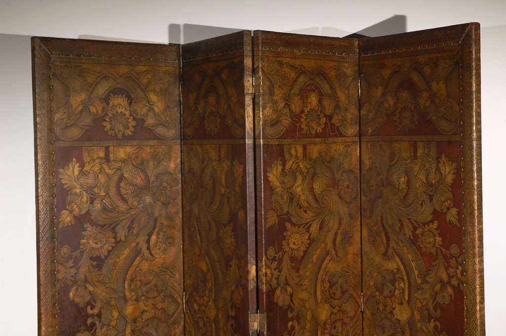 19th Century Spanish Leather Embossed 4 panels Screen