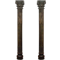 Antique Pair of Carved Wooden Anglo Indian Pillars Columns