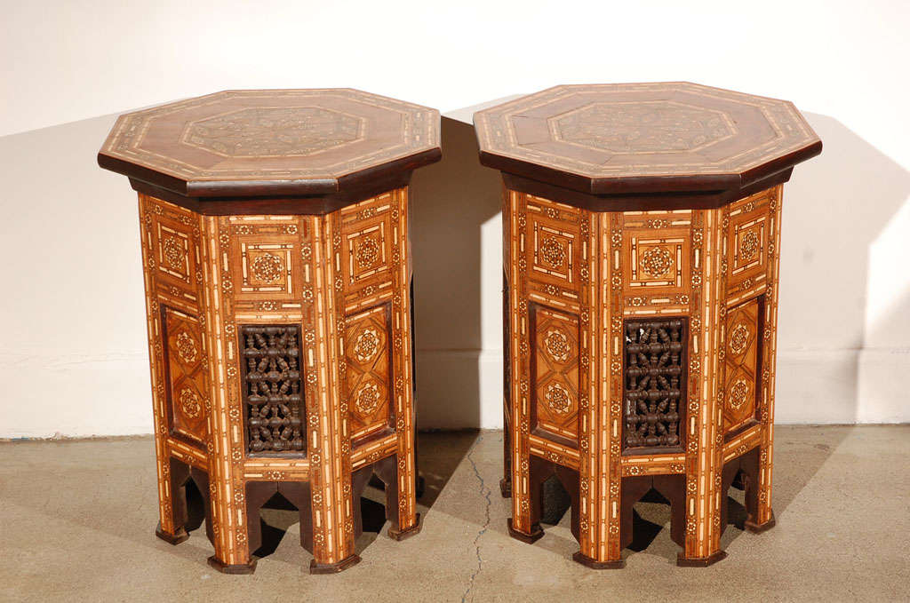 Moorish Pair of Syrian Hexagonal Inlaid Side Tables