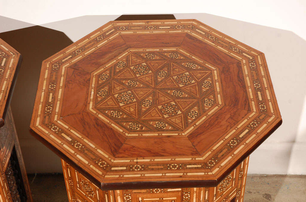 Hand-Carved Pair of Syrian Hexagonal Inlaid Side Tables