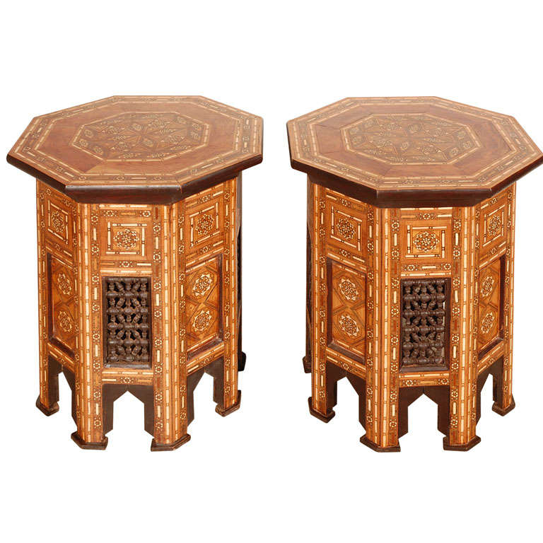 Pair of Syrian Hexagonal Inlaid Side Tables