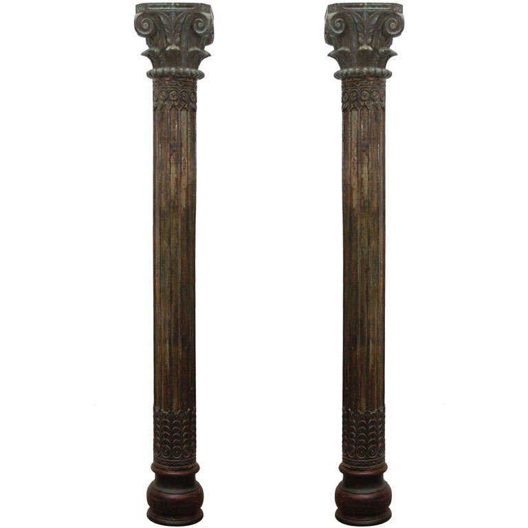 Pair of Carved Wooden Pillars Columns For Sale at 1stdibs
