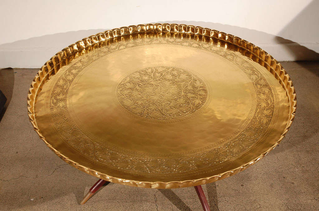 Large Round Brass Tray Table on Folding Stand 45" Diameter at 1stDibs