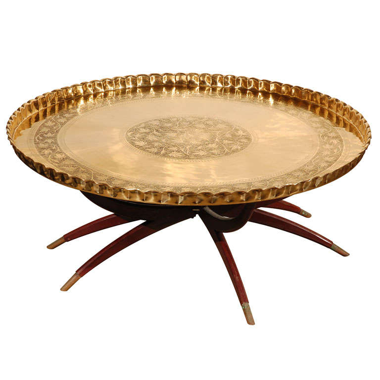 Large Round Brass Tray Table on Folding Stand 45" Diameter at 1stDibs