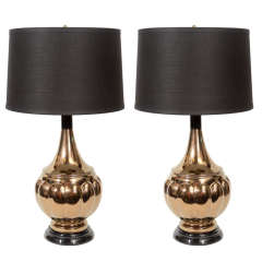 Pair of Modernist Bronze Glazed Ceramic Urn Lamps