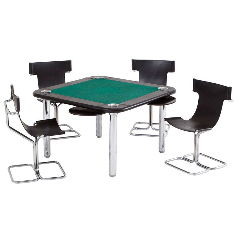 Chrome and Leather Game/Card Table and Chairs For Sale at 1stDibs