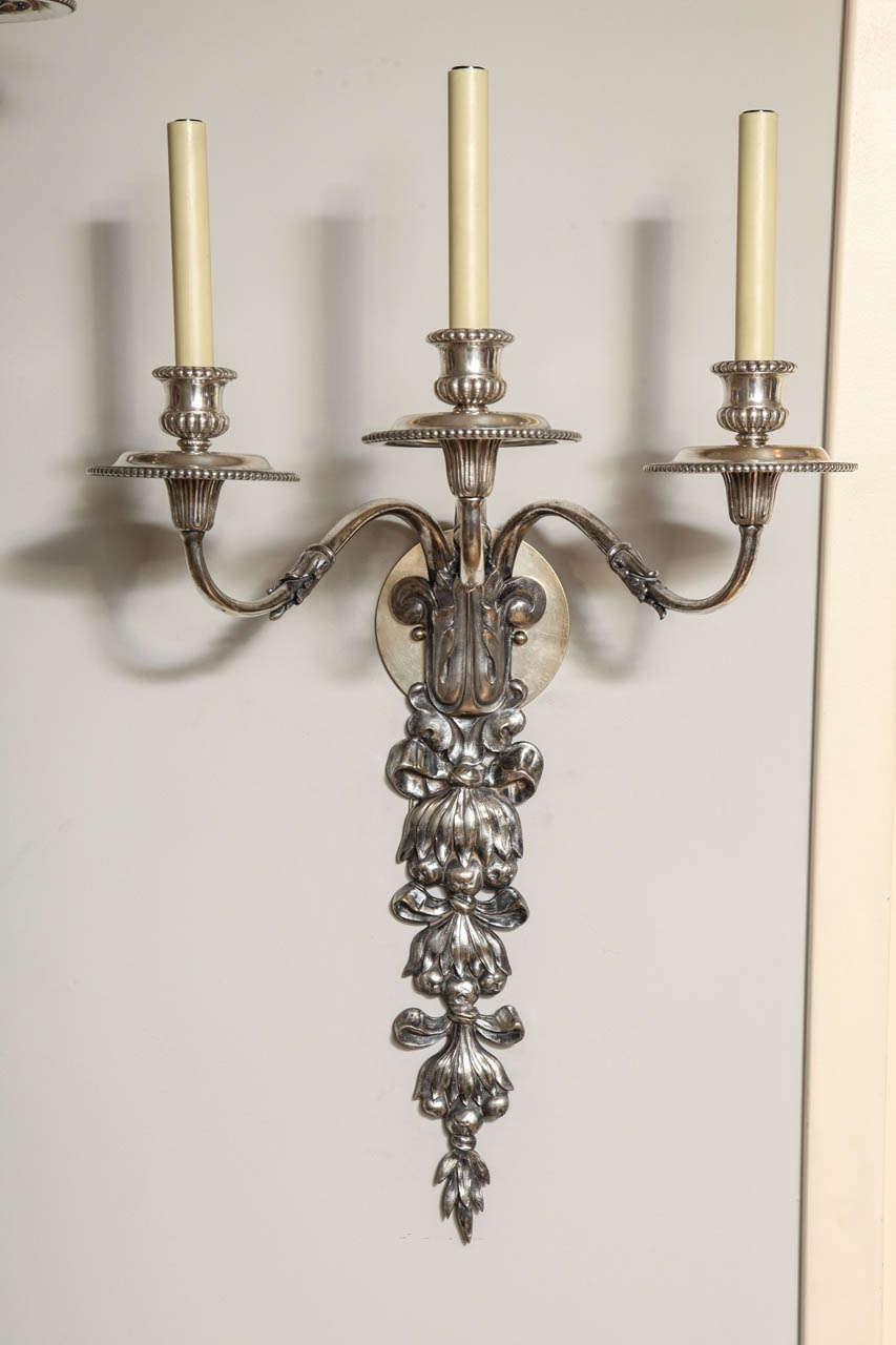 A Pair of Large English Silver Plated Bronze Three Light Wall Sconces