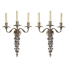 A Pair of Large English Silver Plated Bronze Three Light Wall Sconces