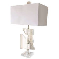 Vintage Clear Lucite Table Lamp with Chrome Trim and Custom Shade